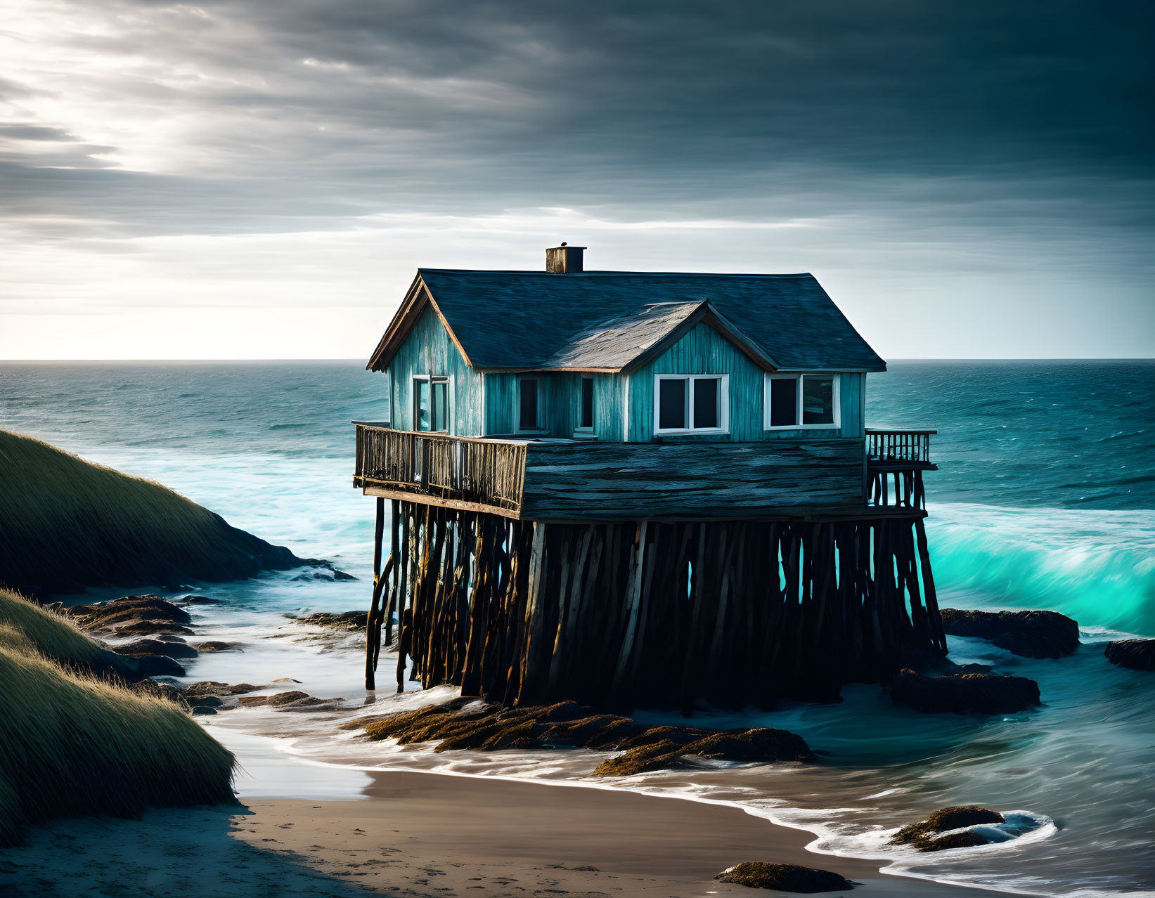 Coastal shoreline wooden stilt house at dusk