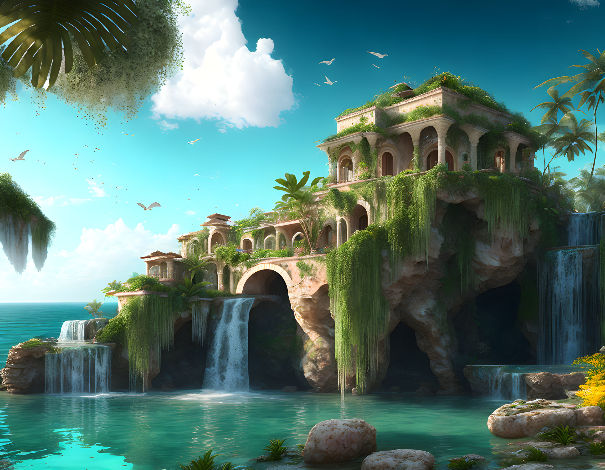 Tropical paradise with ancient ruin, waterfalls, and turquoise lagoon