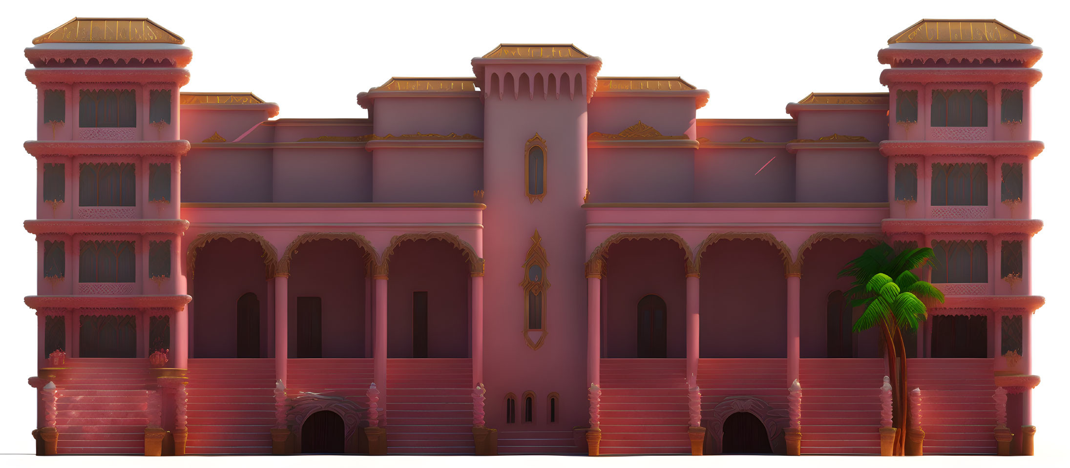 Symmetrical pink palace with towers and palm tree in soft lighting