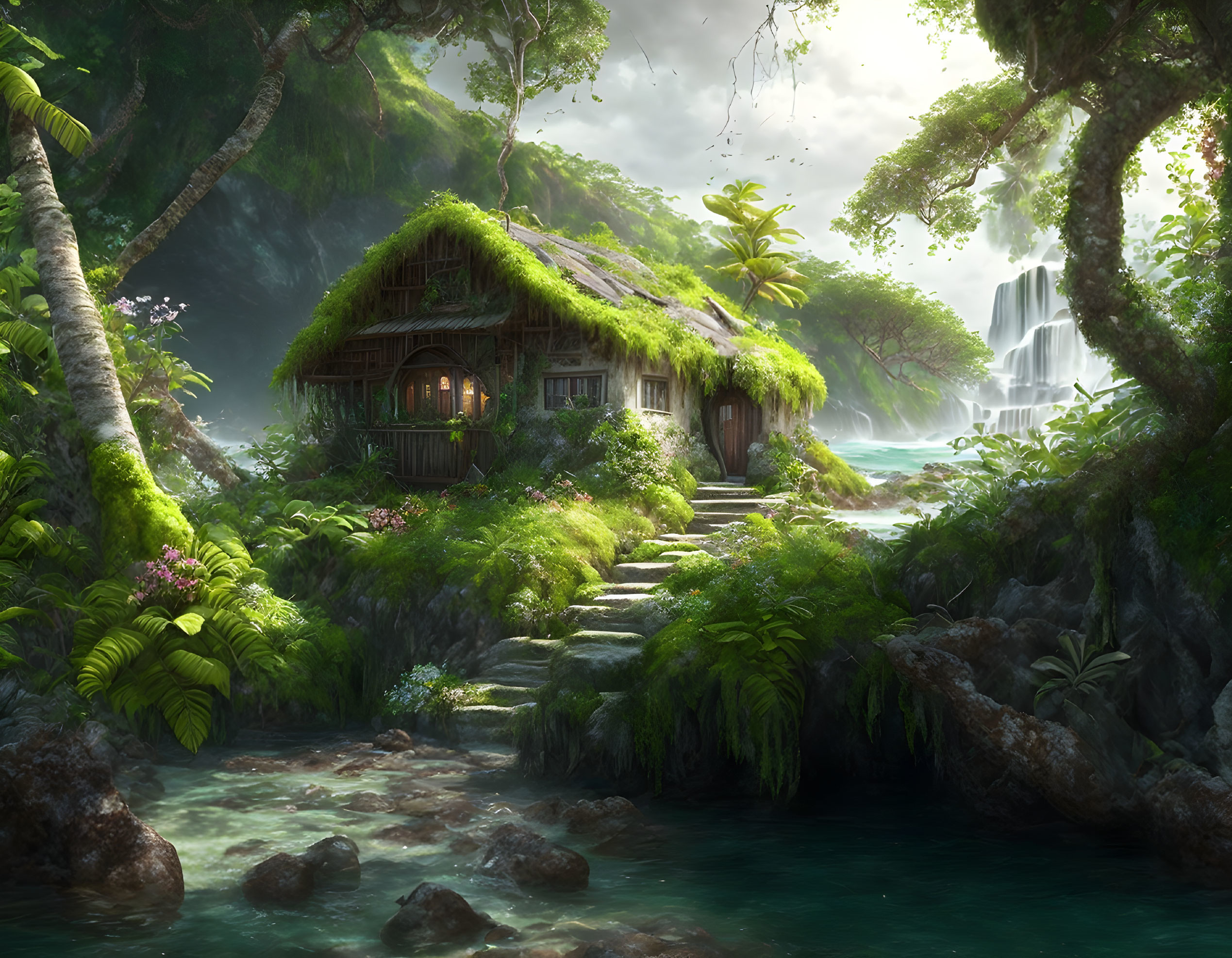 Tranquil jungle landscape with thatched hut near waterfall