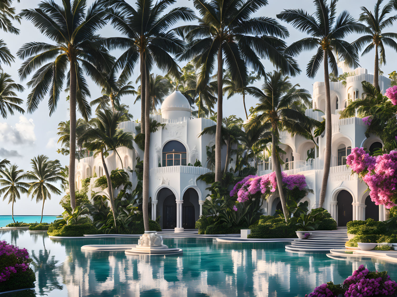 Luxurious Tropical Resort with White Buildings, Palm Trees, Pools, and Pink Flowers