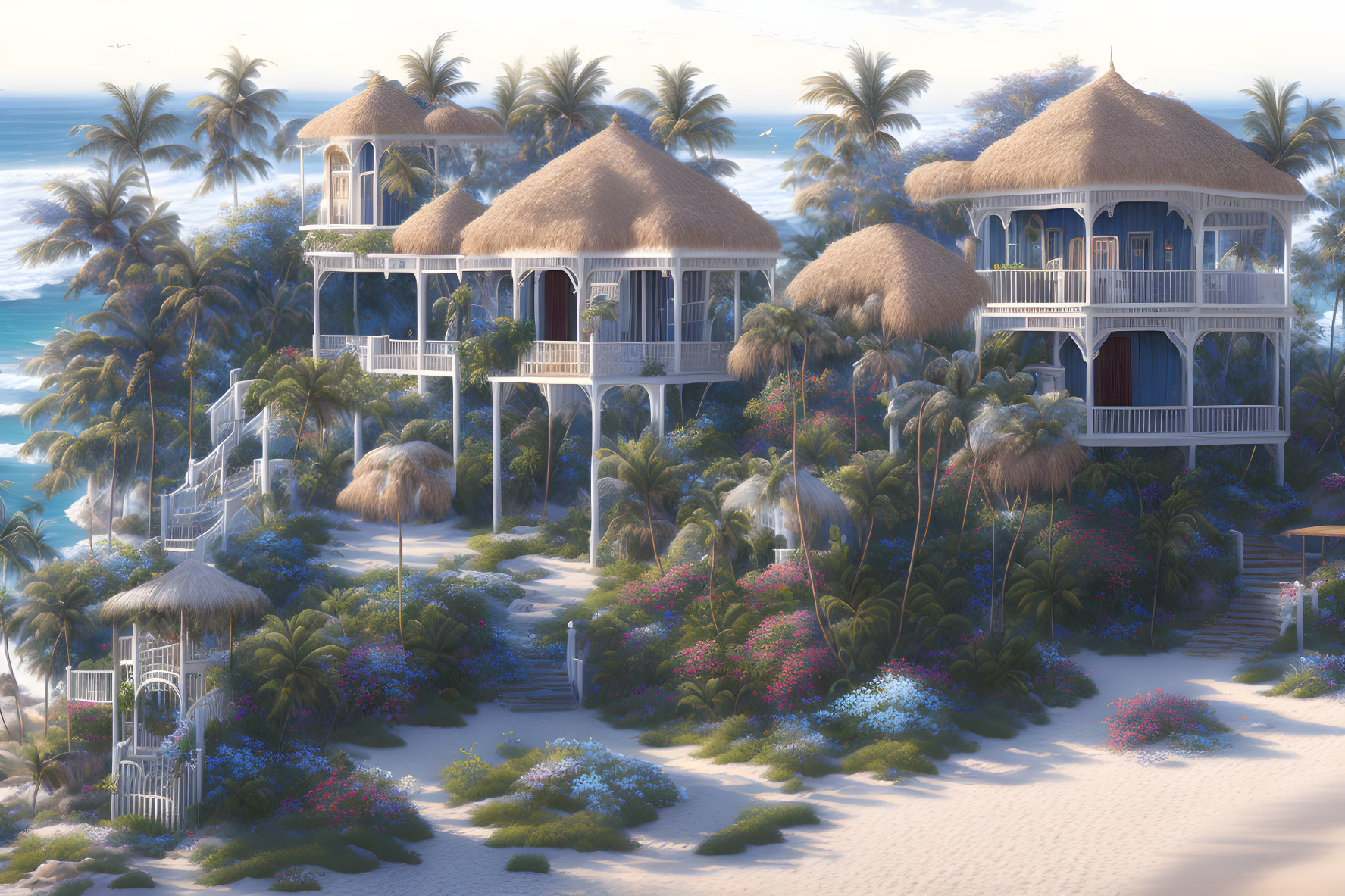 Luxurious Thatched-Roof Villas in Tropical Beach Resort