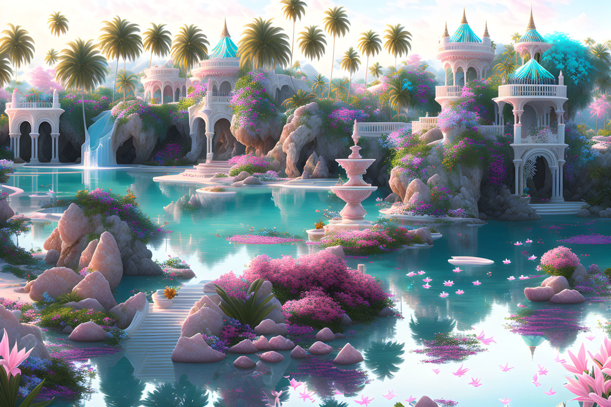 Pastel-colored palatial buildings in serene fantasy landscape