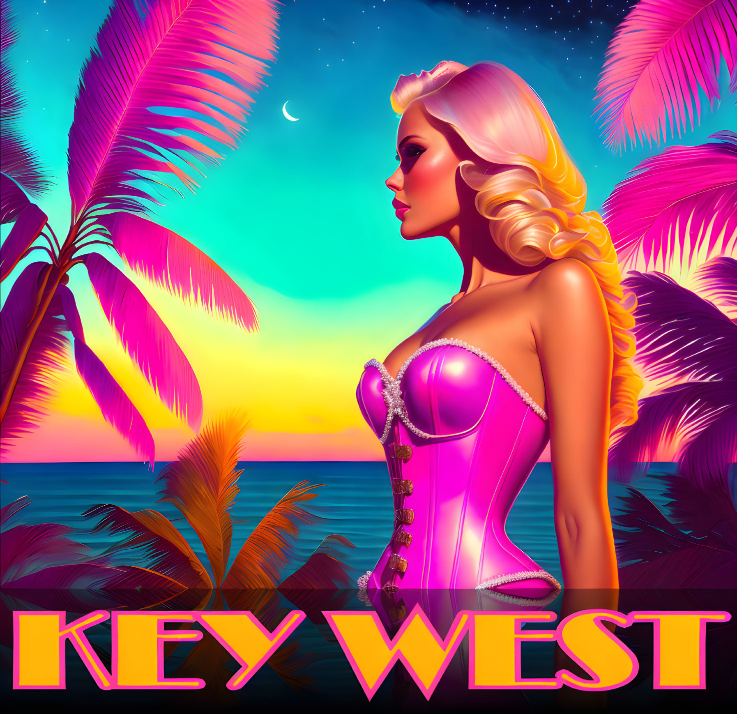 Woman in pink corset gazes at tropical sunset with palm trees, "KEY WEST" text,