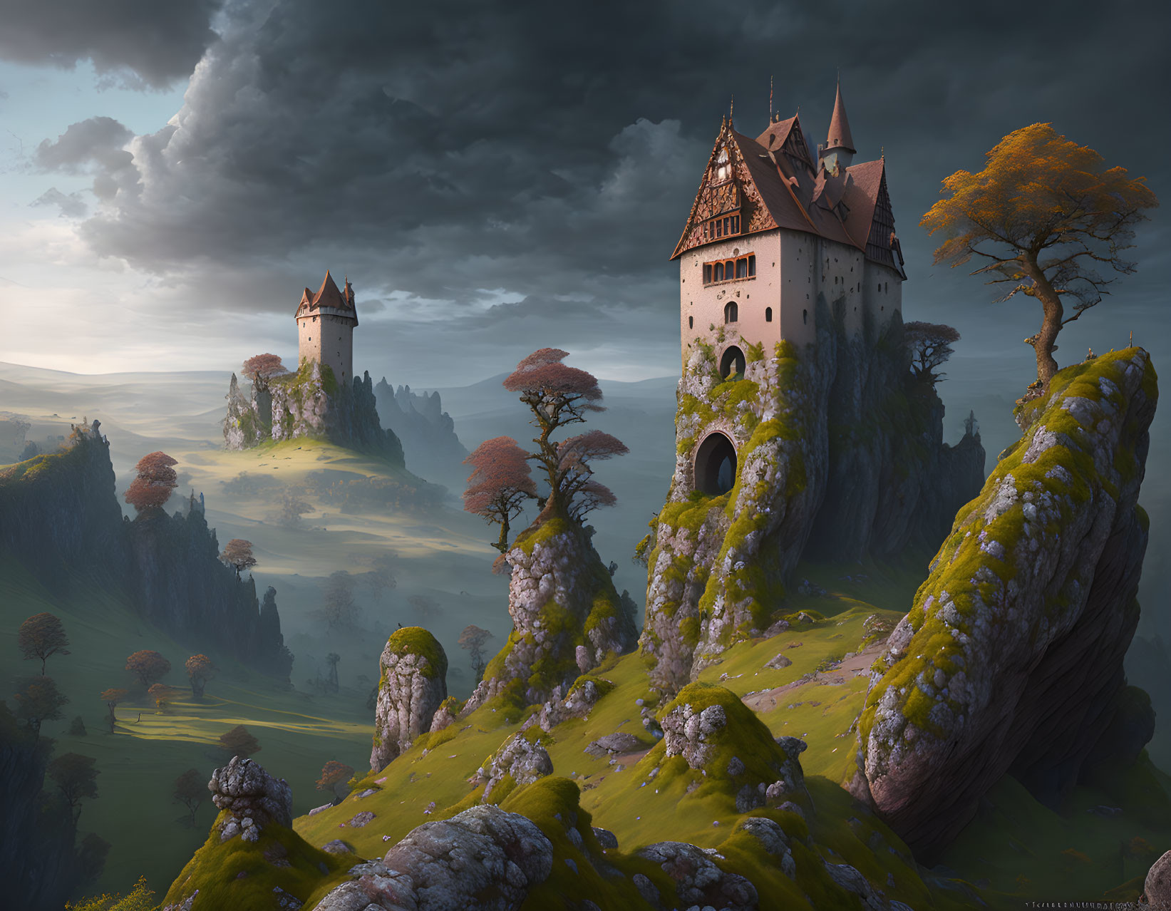 Medieval castles on rocky cliffs in a fantastical landscape