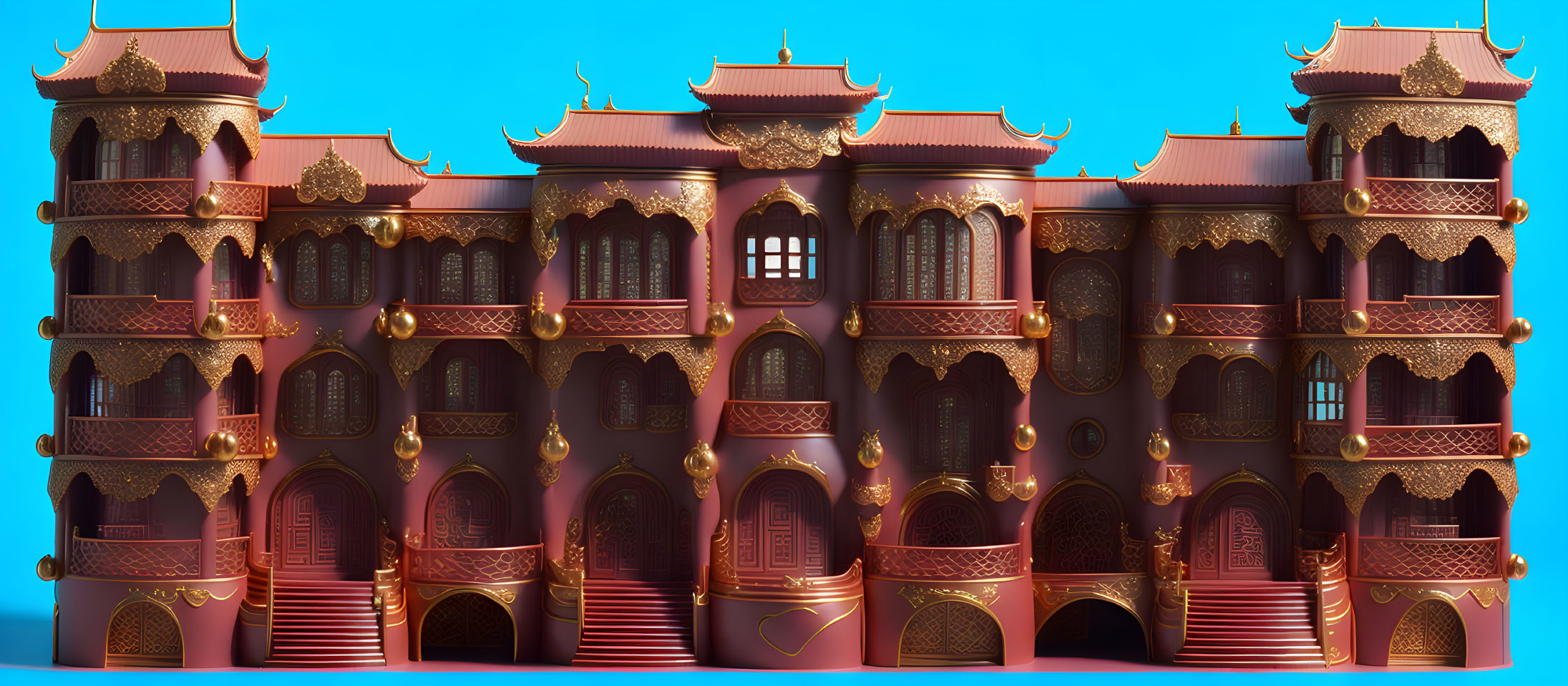 Ornate palace-like building with multiple tiers and arches on blue background