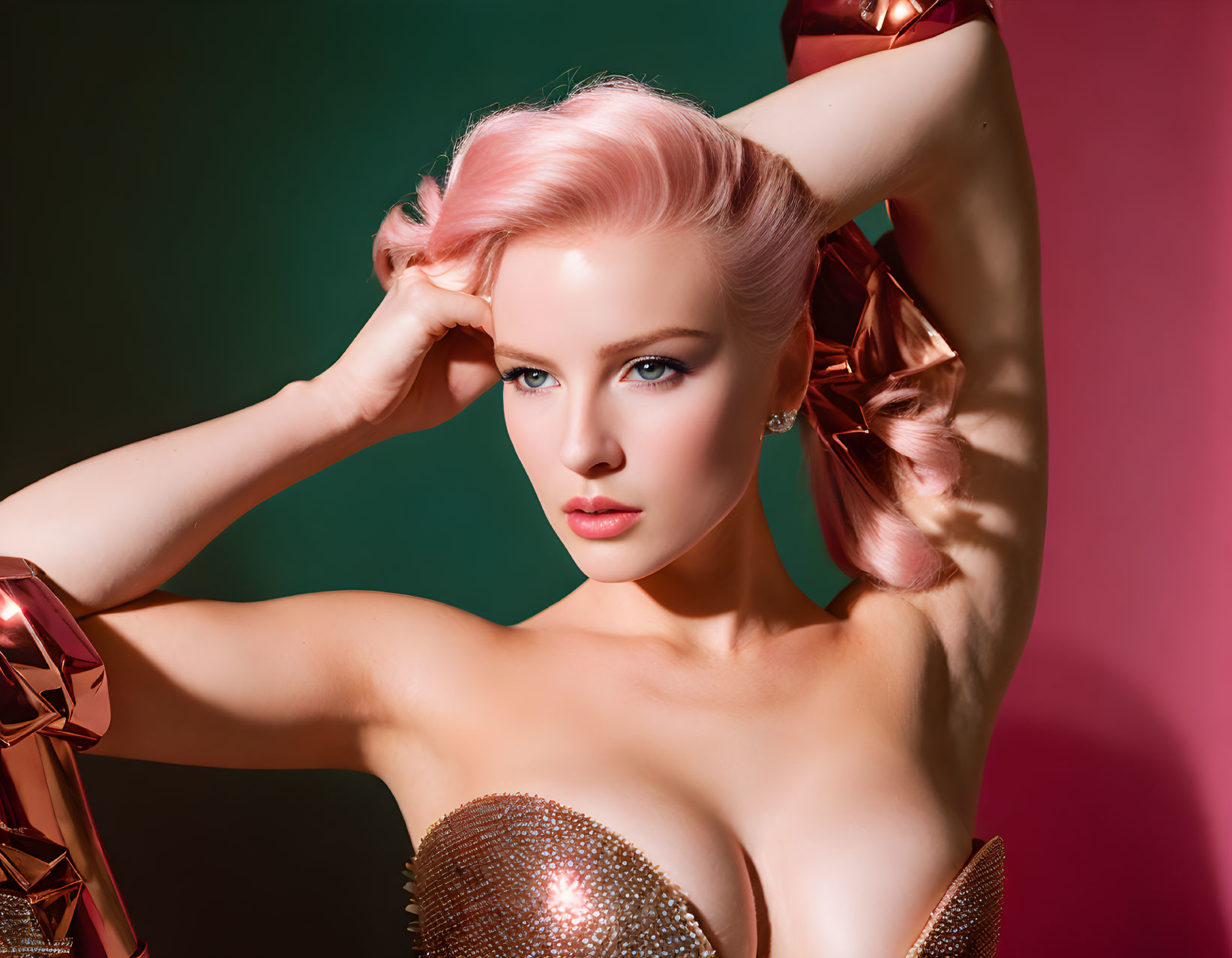 Pink-Haired Woman in Vintage Style with Glittery Gold Top on Colorful Background