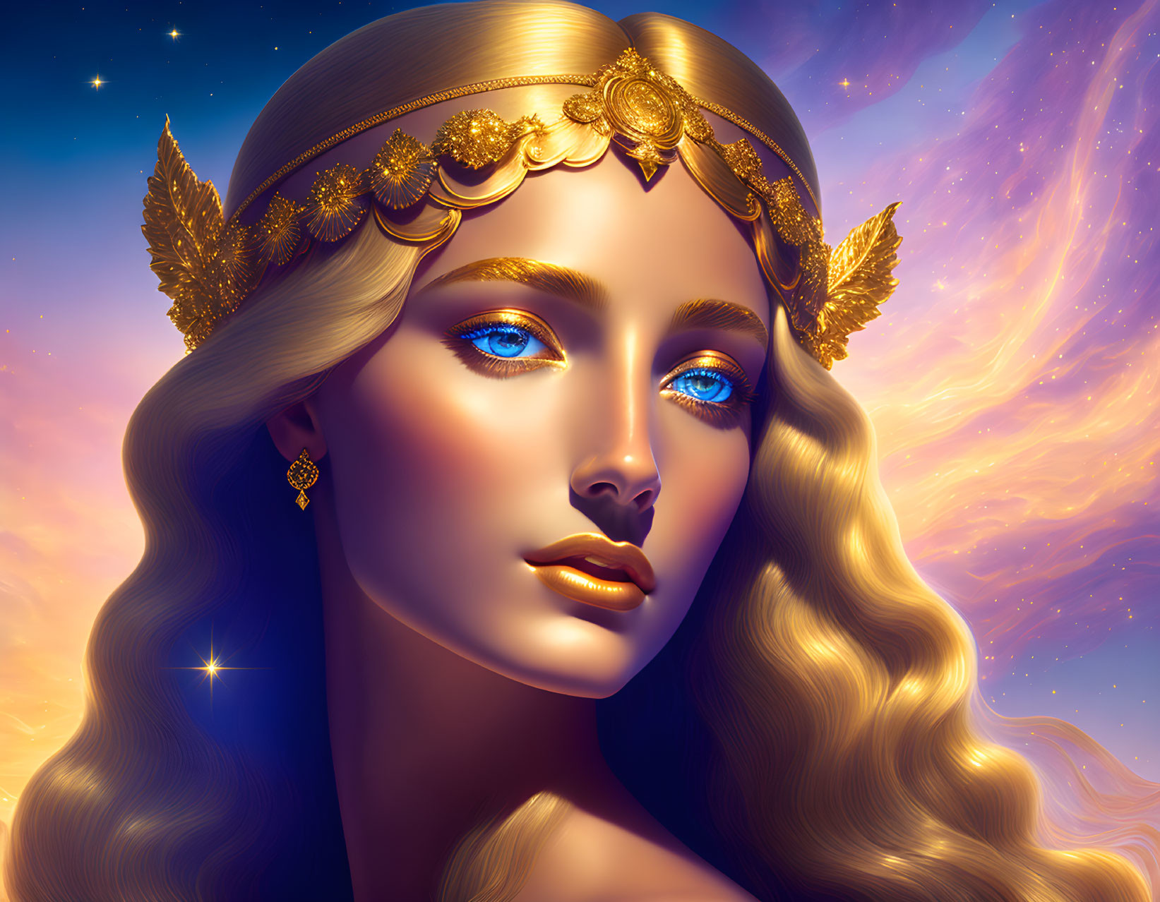 Digital Art Portrait: Woman with Golden Hair, Blue Eyes, Gold Headpiece, Cosmic Background