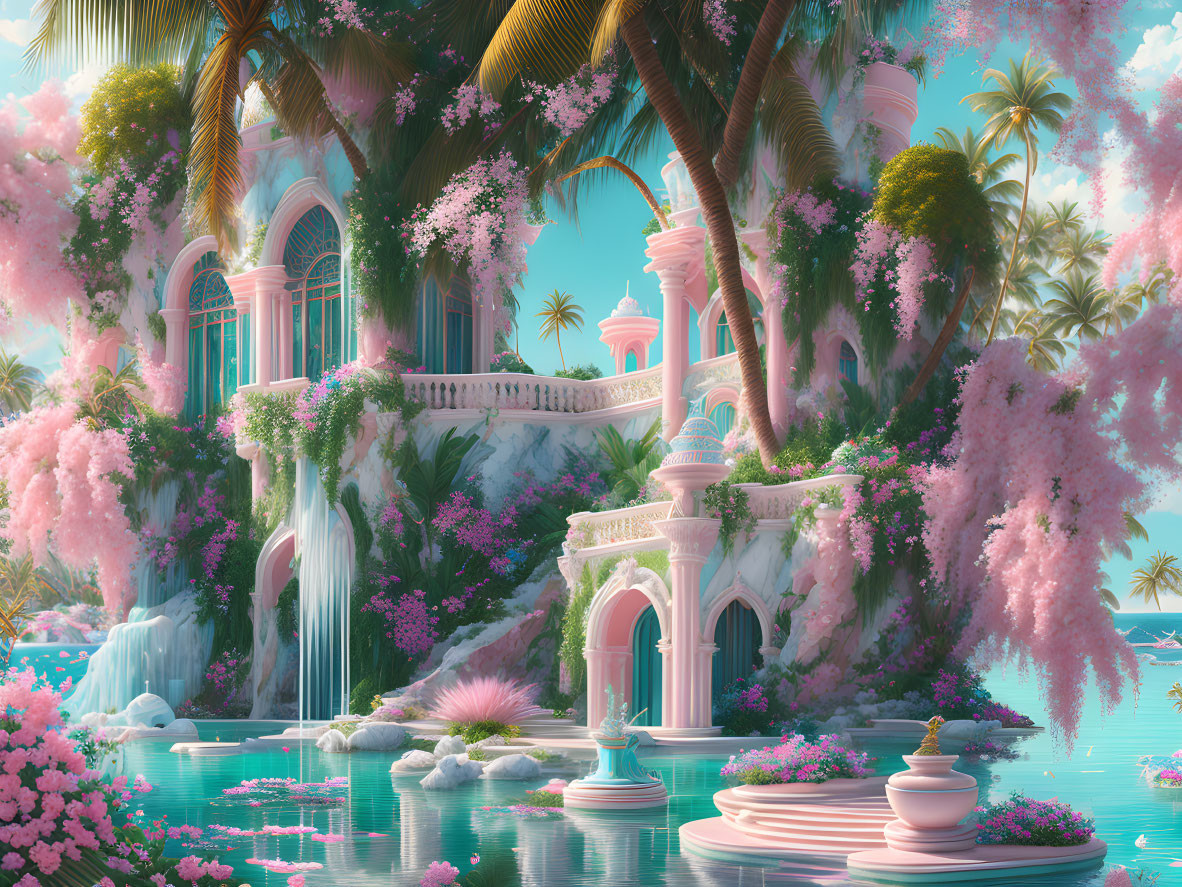 Fantasy palace with pink flowering trees, waterfalls, and turquoise lake