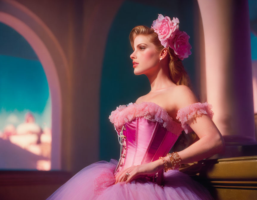 Elegant woman in pink ball gown with corset top and flower in hair beside archway