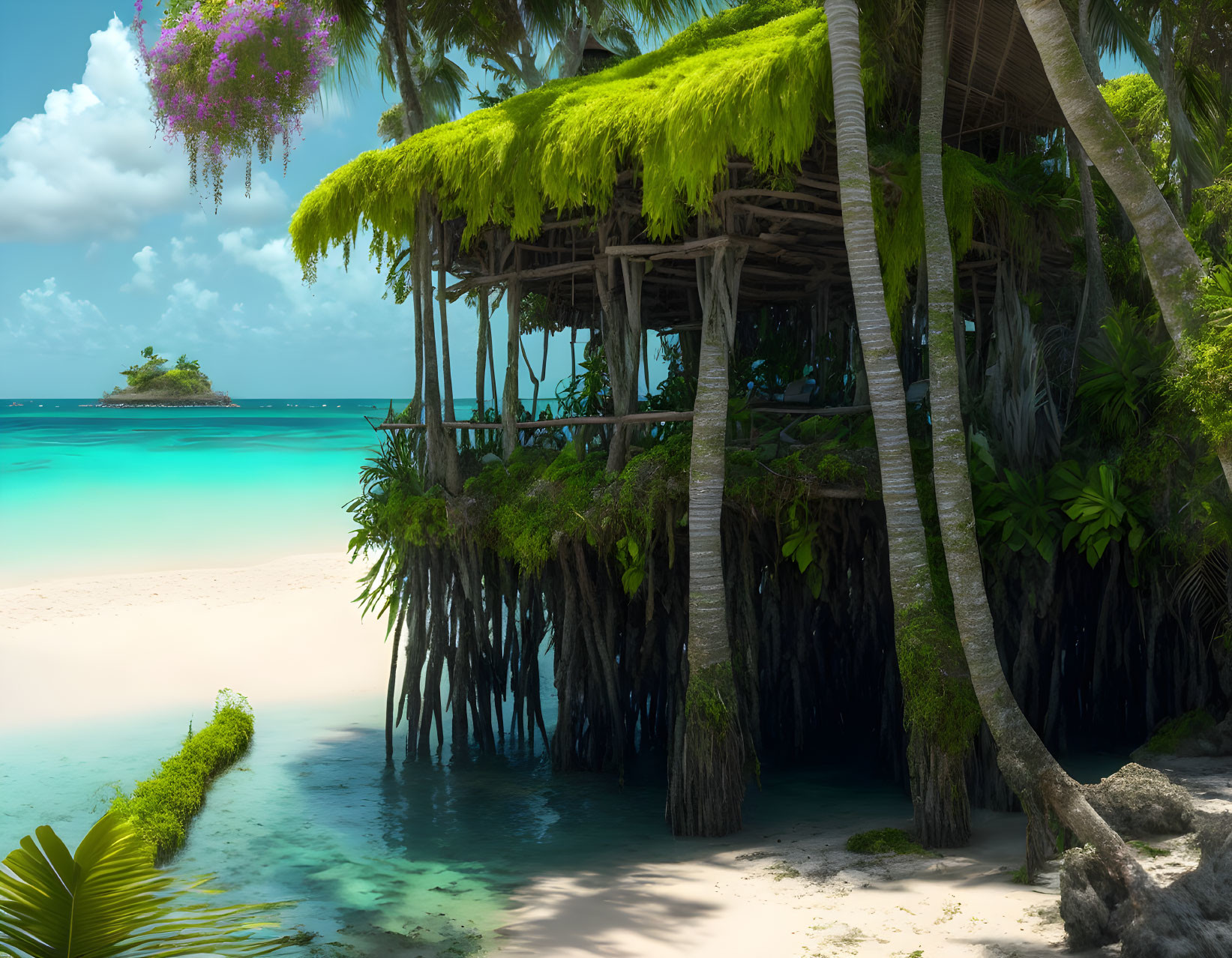 Tropical beach scene with thatched hut, palm trees, and clear blue ocean