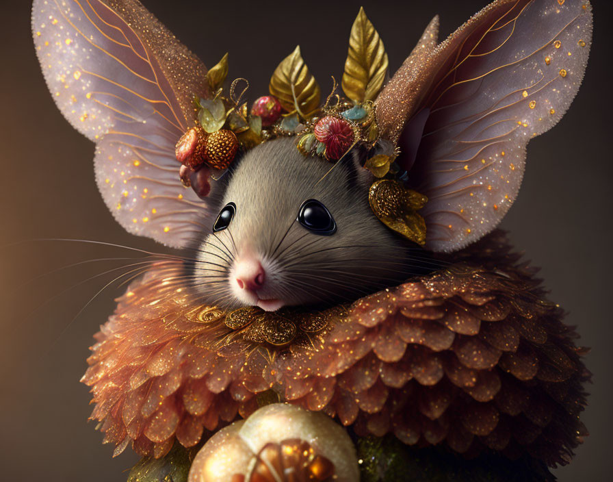 Whimsical mouse with butterfly wings and fairy-like features on dark background