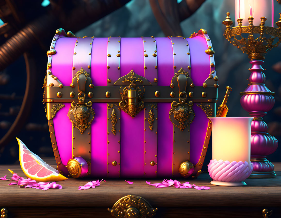 Pink treasure chest with golden accents, candles, coins, and petals in a whimsical scene