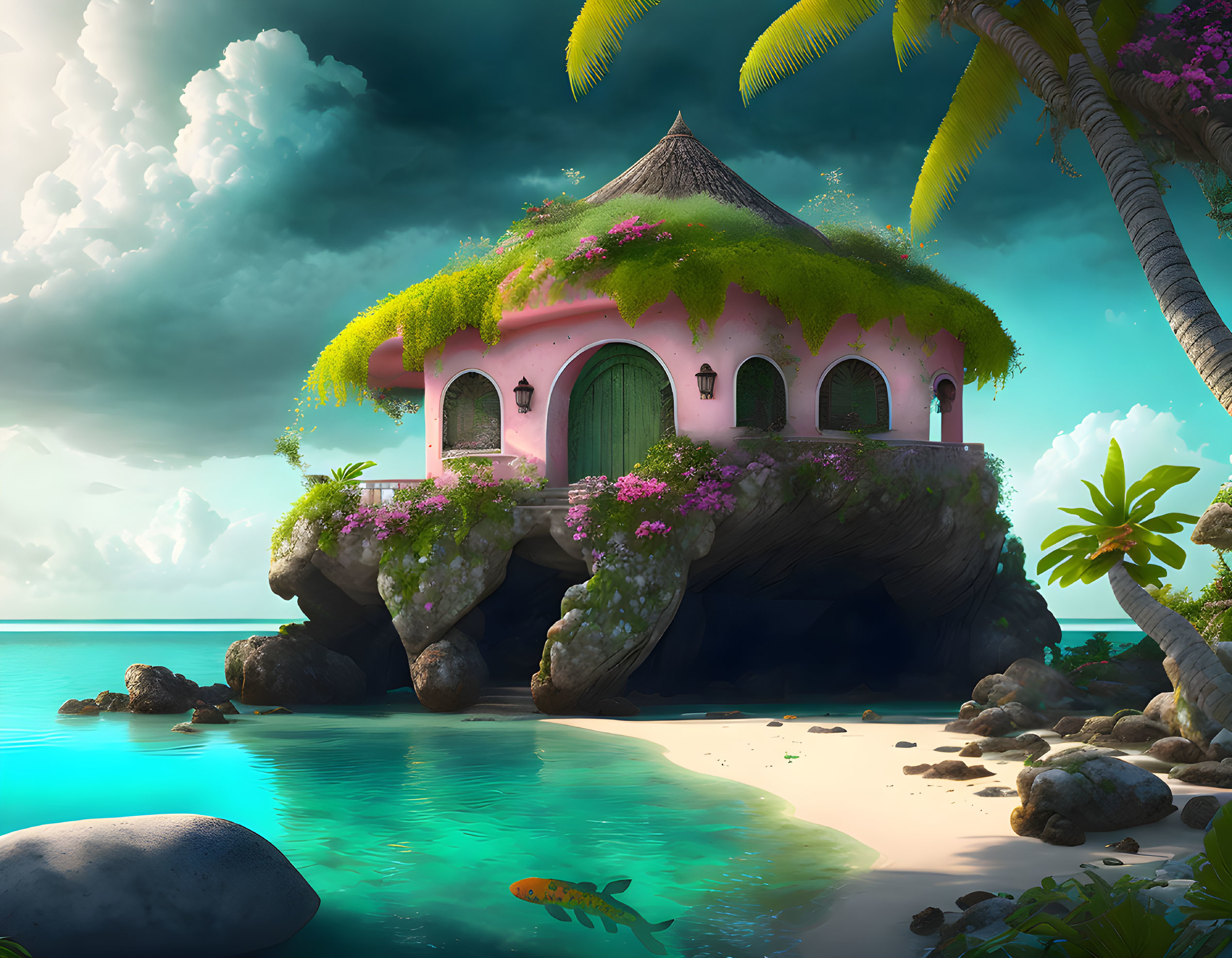 Pink Thatched Roof House on Rocky Outcrop by Palm Trees