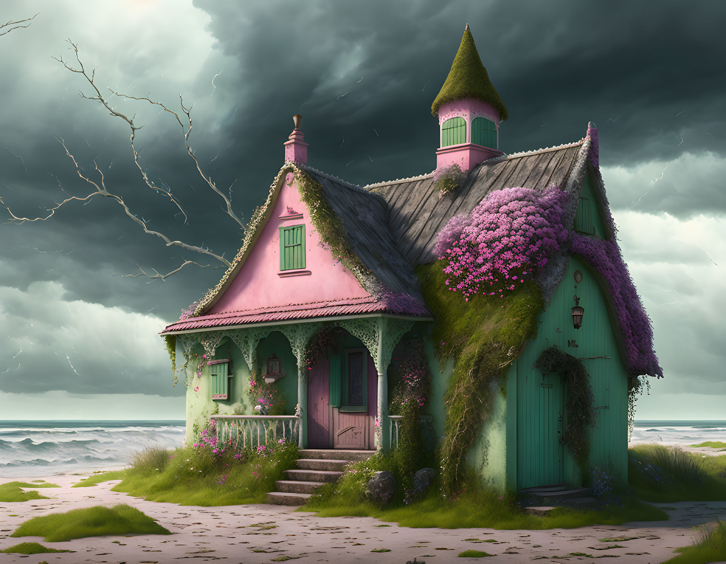 Pink Cottage with Purple Flowers on Stormy Beach