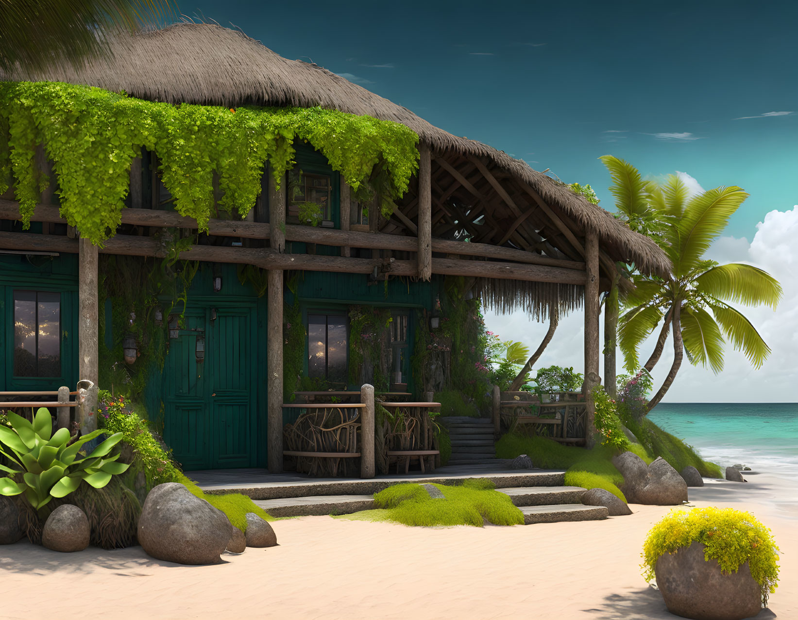 Thatched roof beachside hut with turquoise doors