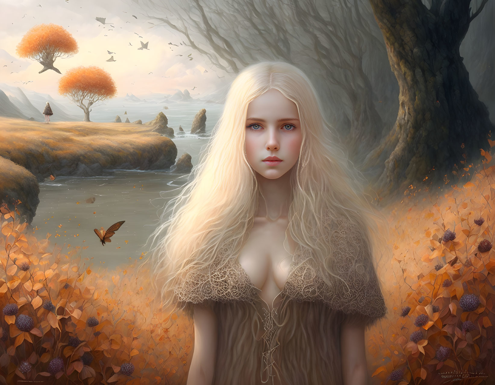 Blonde woman in fantasy autumn landscape with river and birds