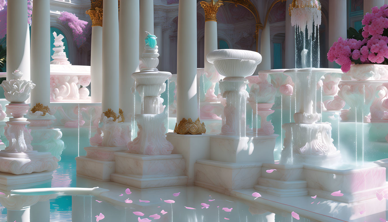 Luxurious indoor setting with marble columns, ornate fountains, pink flowers, and floating petals in