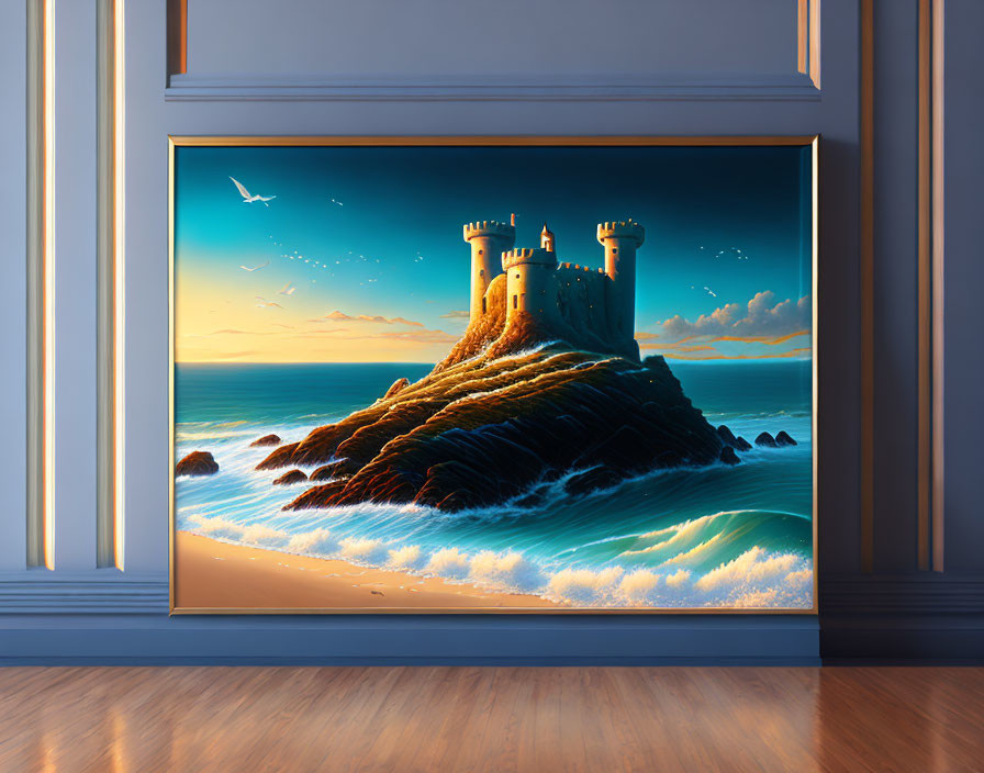 Castle on Rocky Cliff Overlooking Sea at Sunset on Wood Flooring