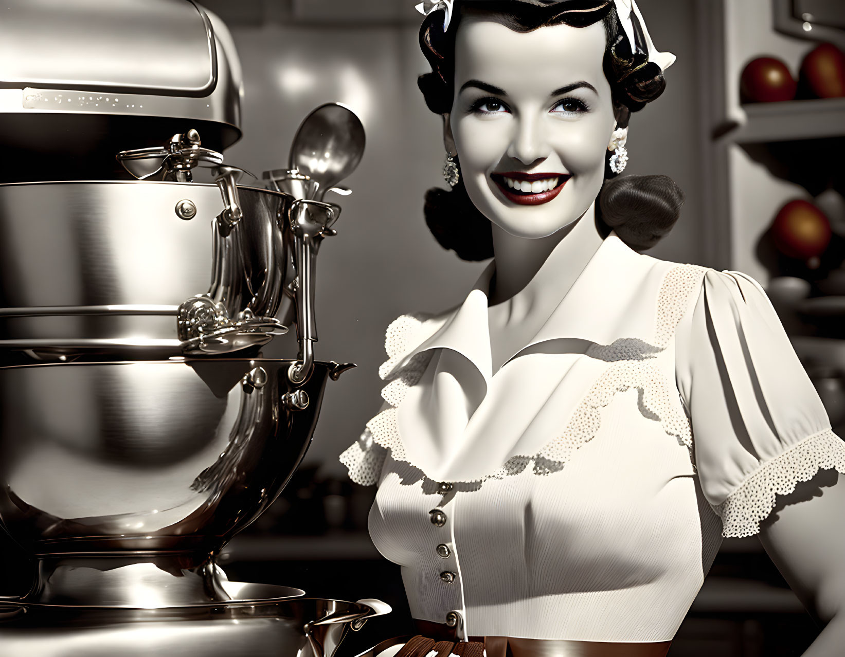 Smiling woman with stand mixer in vintage-style kitchen