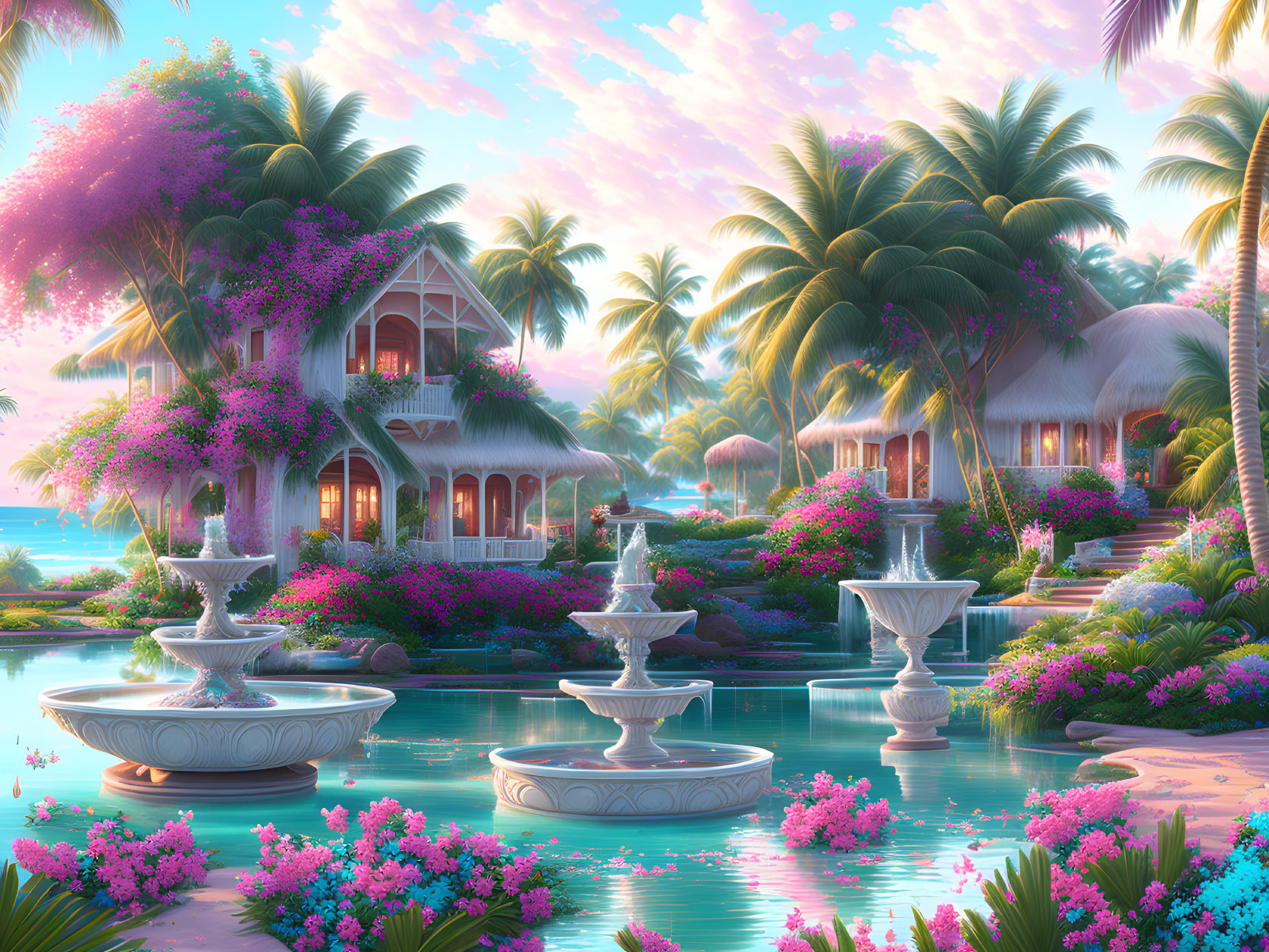 Tropical resort with lush gardens, flowers, palm trees, fountains at sunset