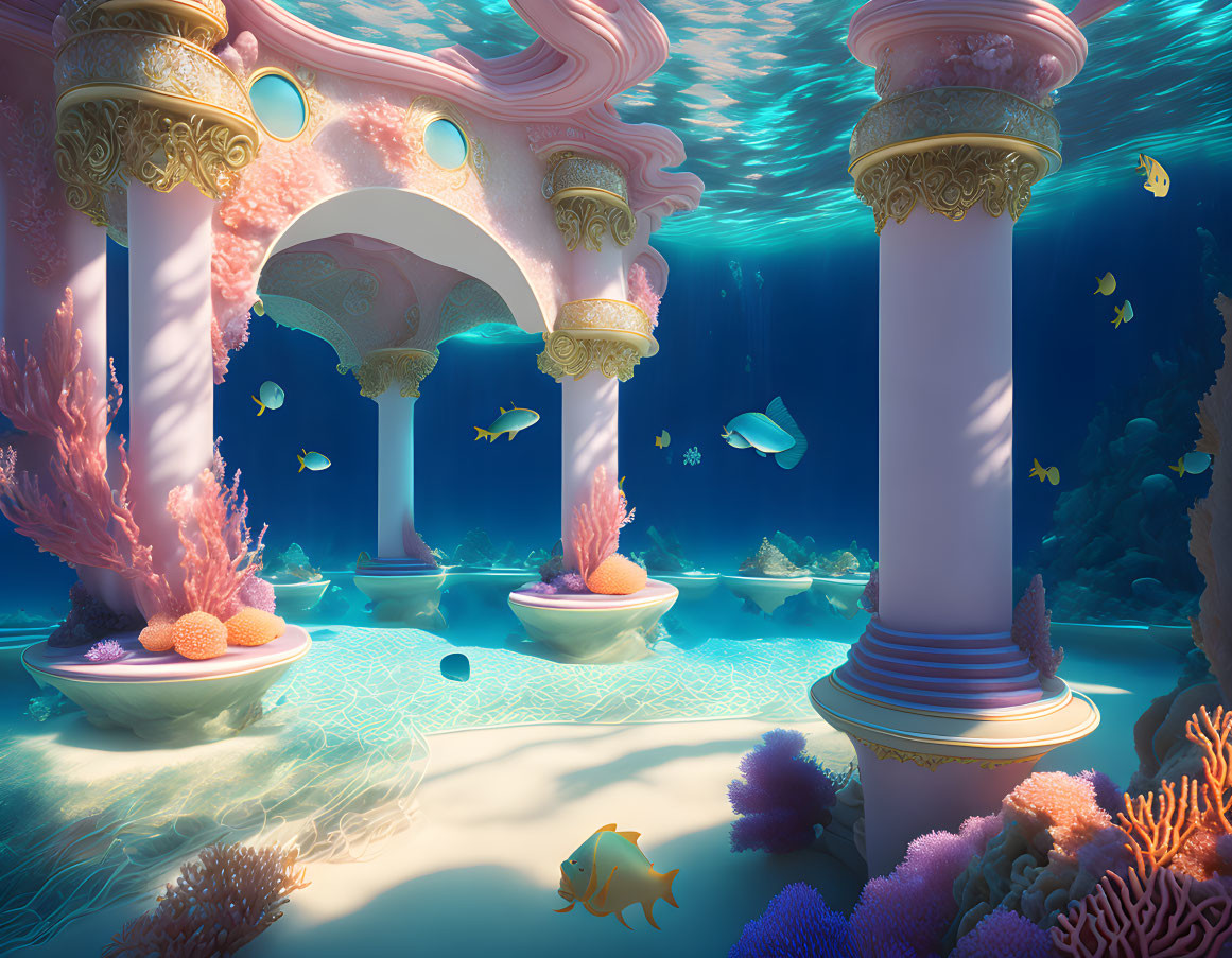 Underwater Scene with Classical Pillars, Colorful Coral, Fish, and Sandy Seabed