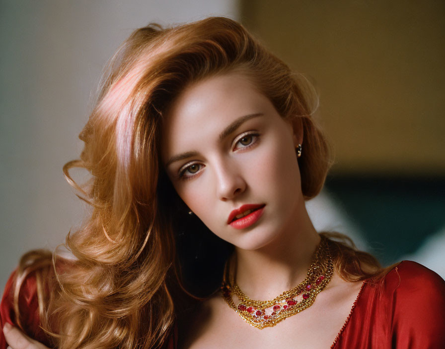 Woman with wavy hair, red lipstick, red dress, and gold necklace.