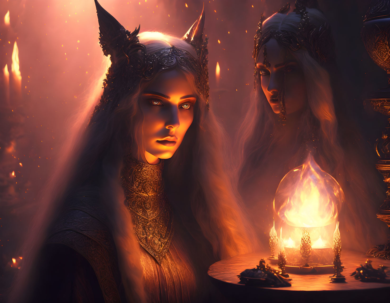 Mystical female figure with pointed ears and crown in warm, fiery setting