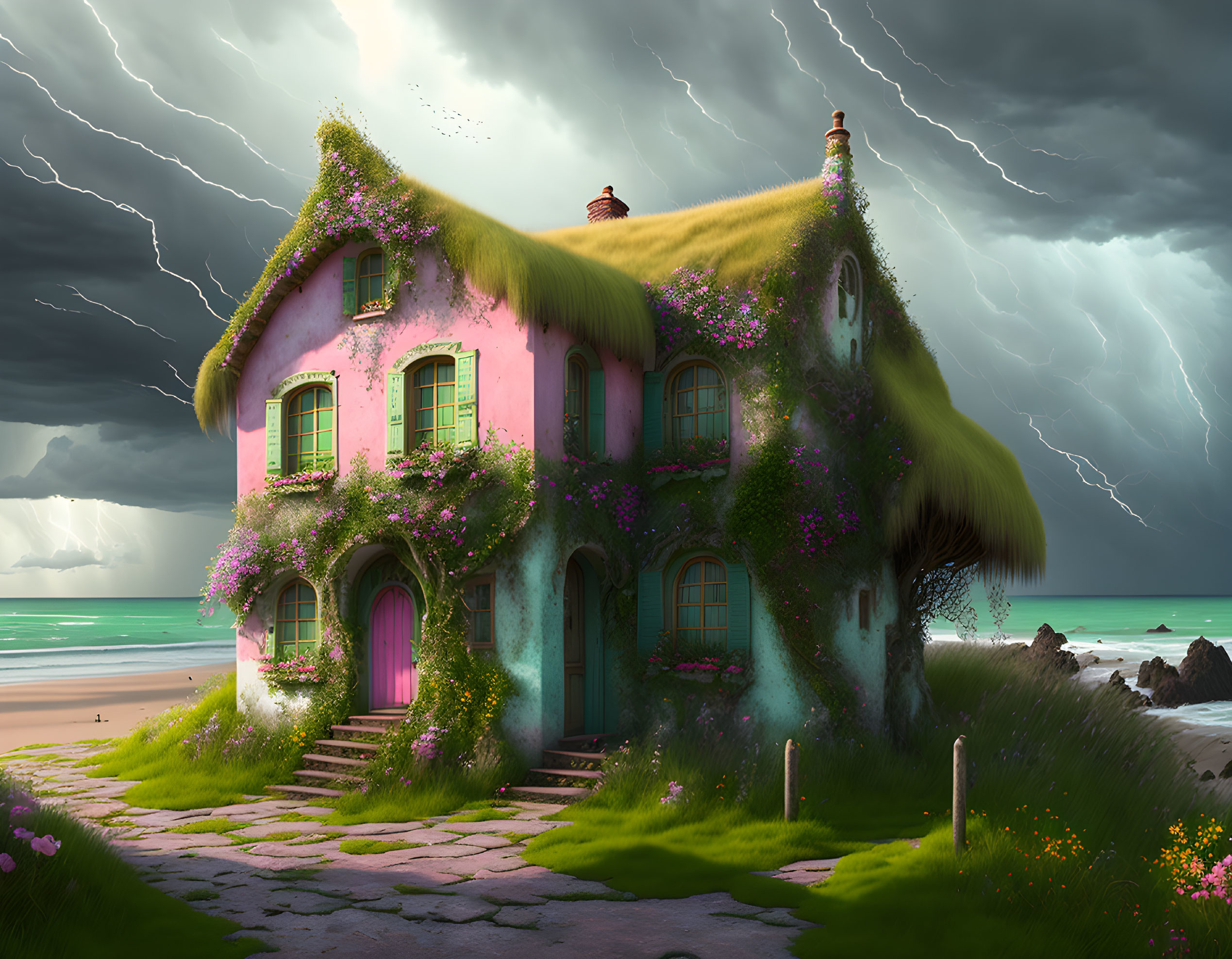 Pink cottage with thatched roof by stormy sea and lightning-filled sky