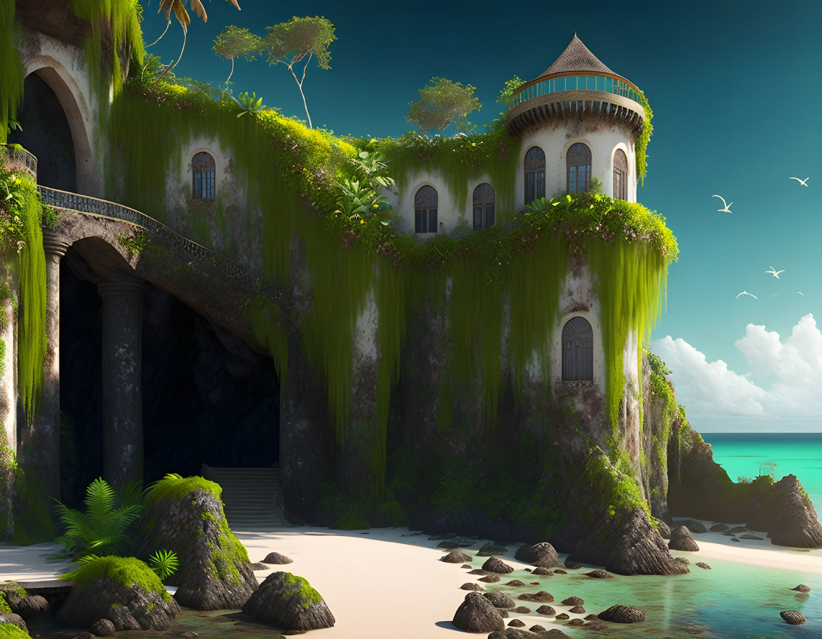 Overgrown castle on cliff with tropical beach, turquoise sea