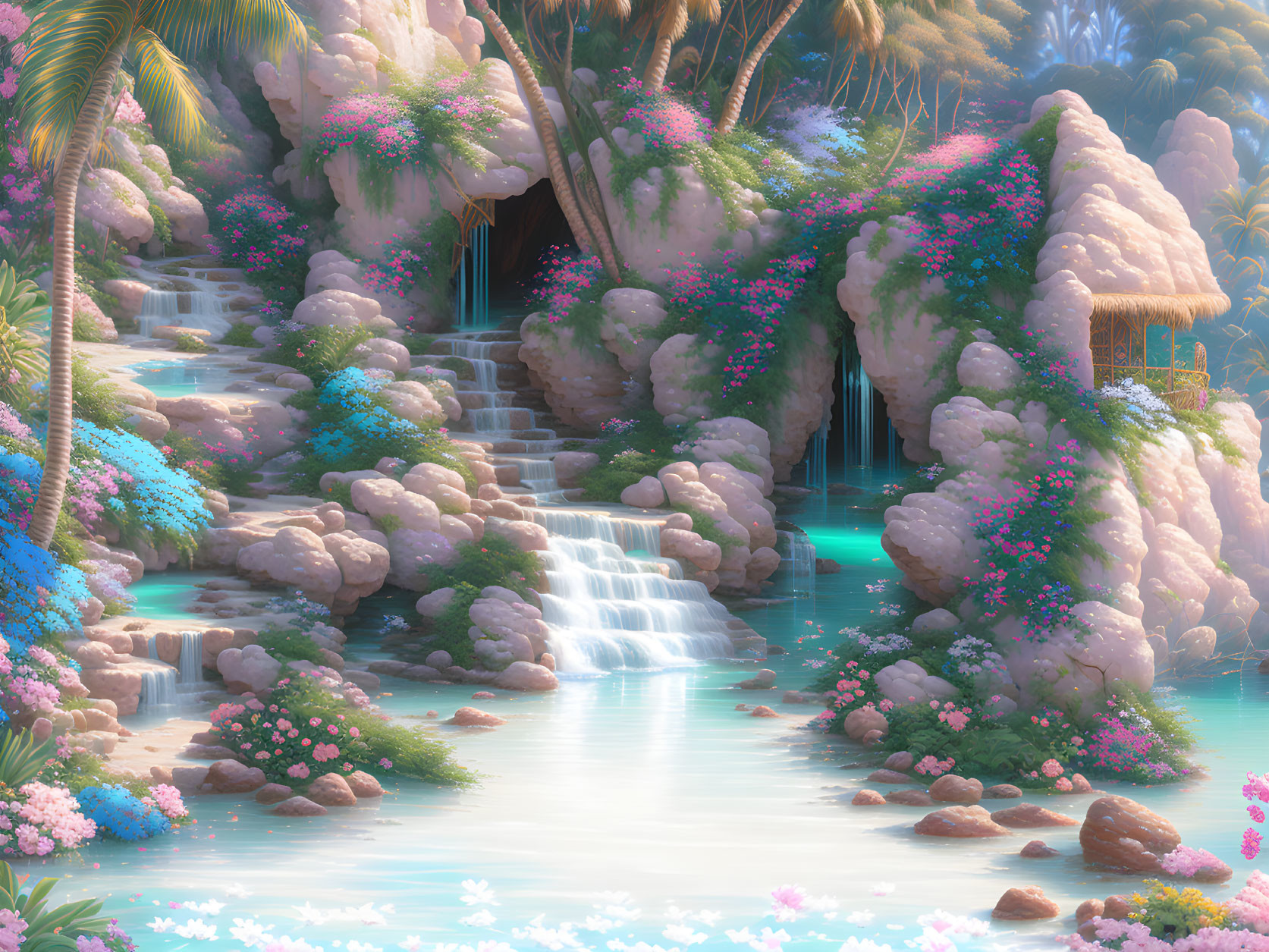 Tranquil fantasy landscape with waterfalls, lush flora, colorful flowers, and unique rock formations.