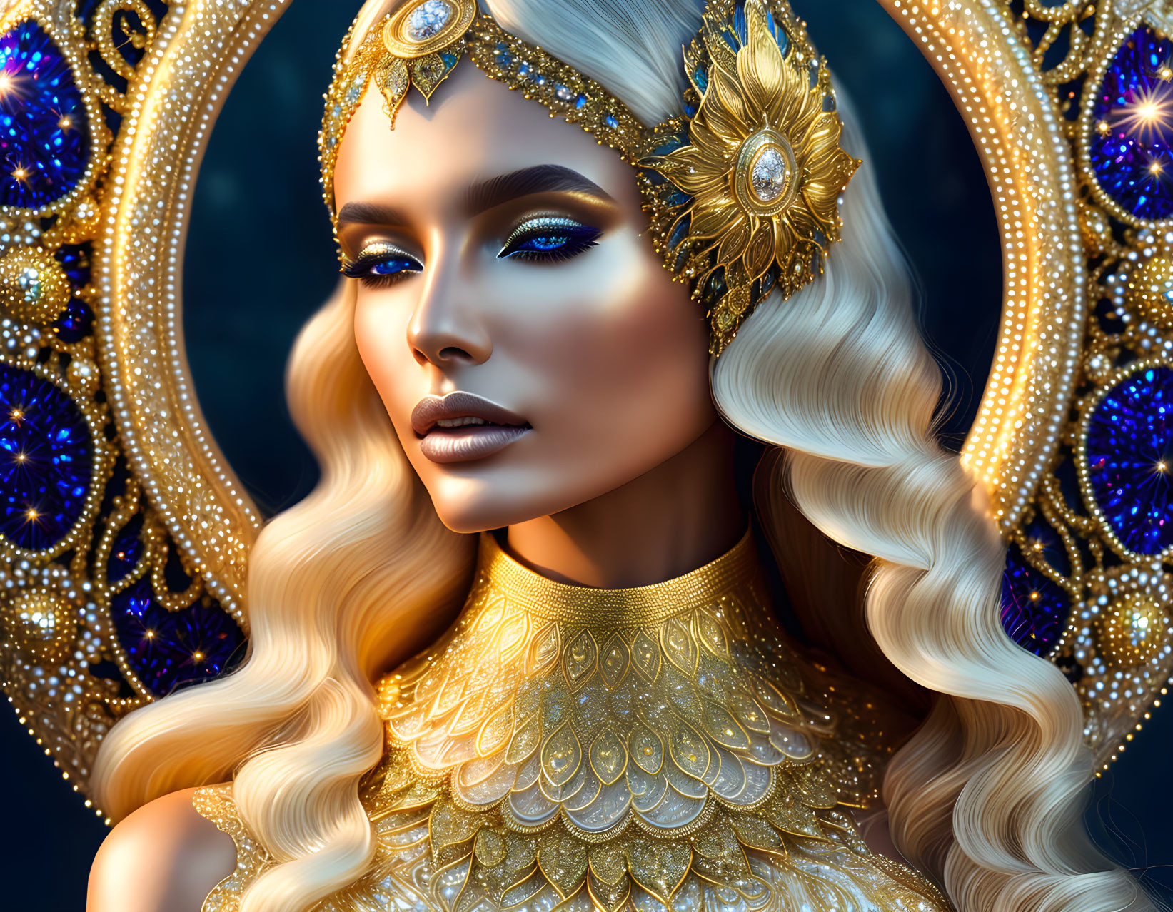 Detailed illustration of woman with golden jewelry and headdress, intricate designs, and sparkling blue accents on dark