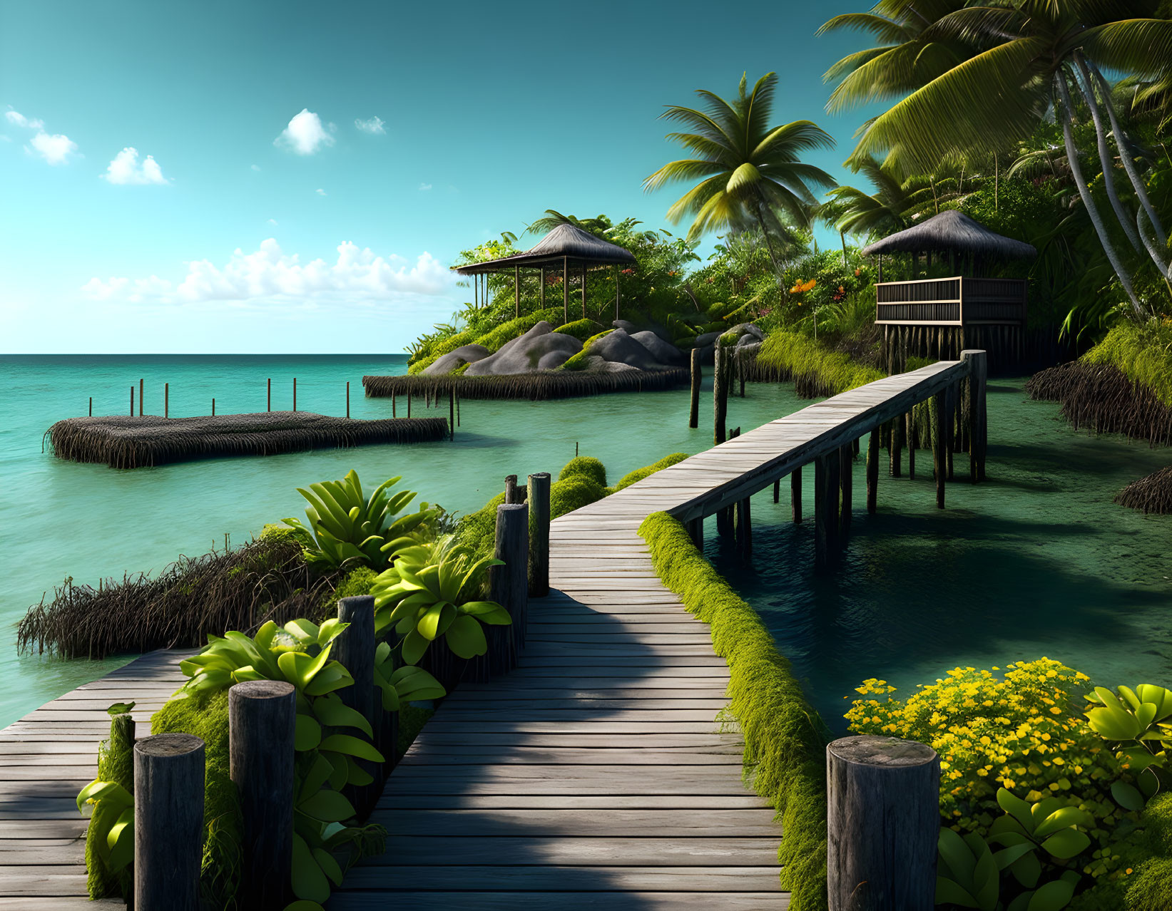 Tropical wooden pier and overwater hut in lush setting