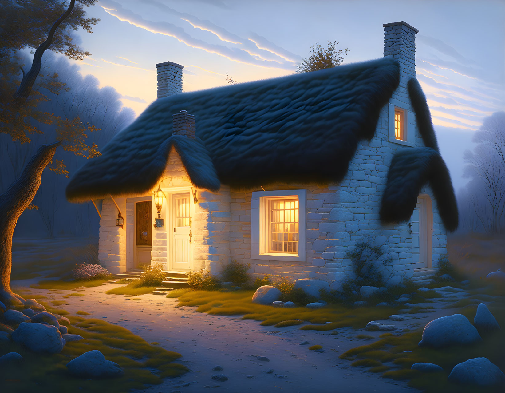 Stone Cottage with Thatched Roof in Woodland Twilight