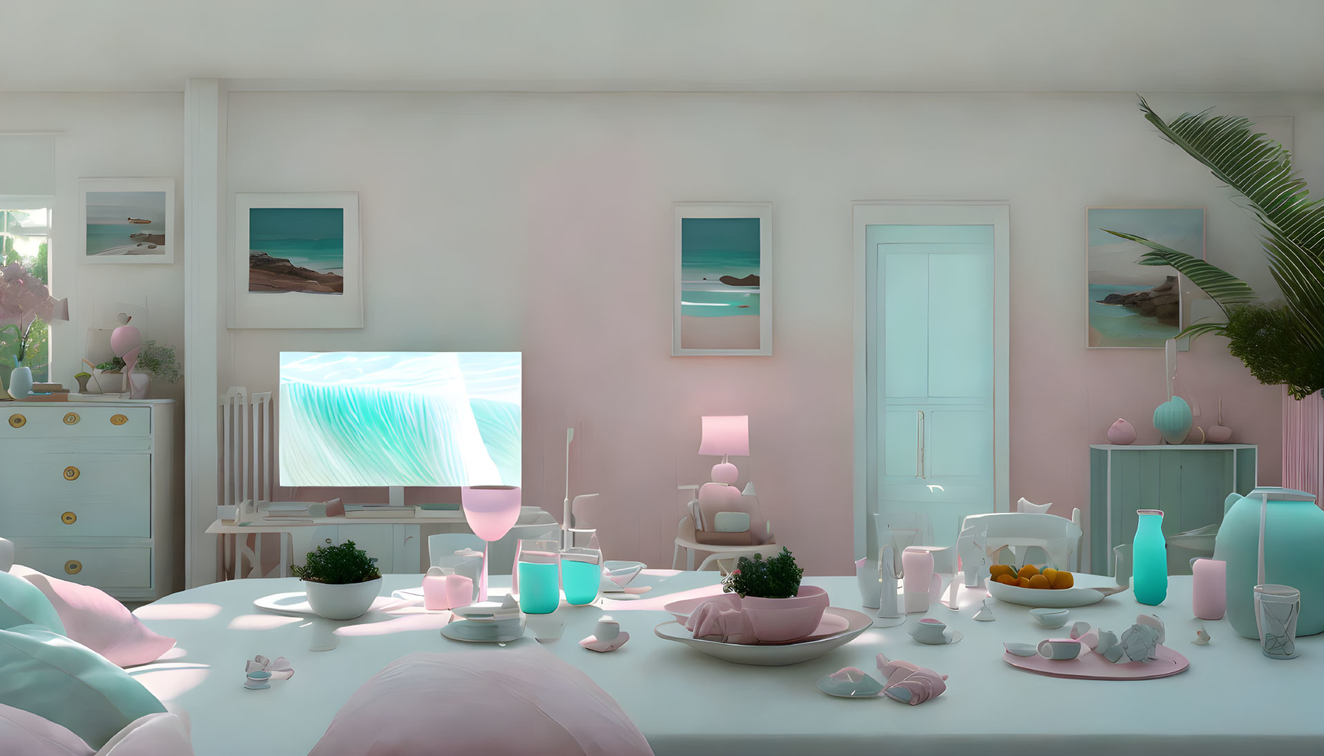 Modern living room with pastel theme, ocean art, large TV, and pink-blue decor under soft