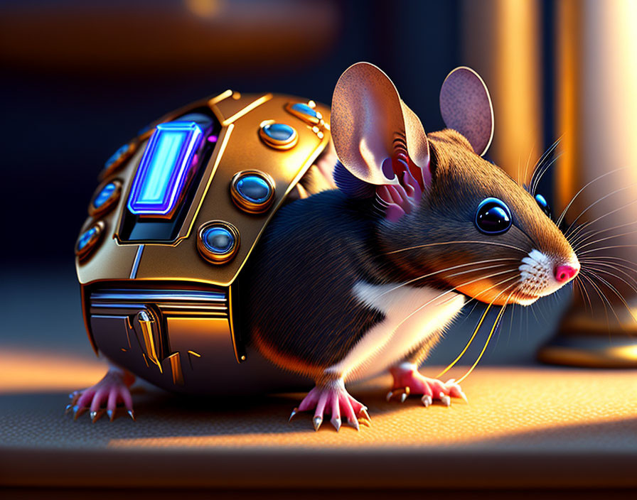 Detailed digital artwork: Mouse with large ears and fur next to futuristic golden device on warm background