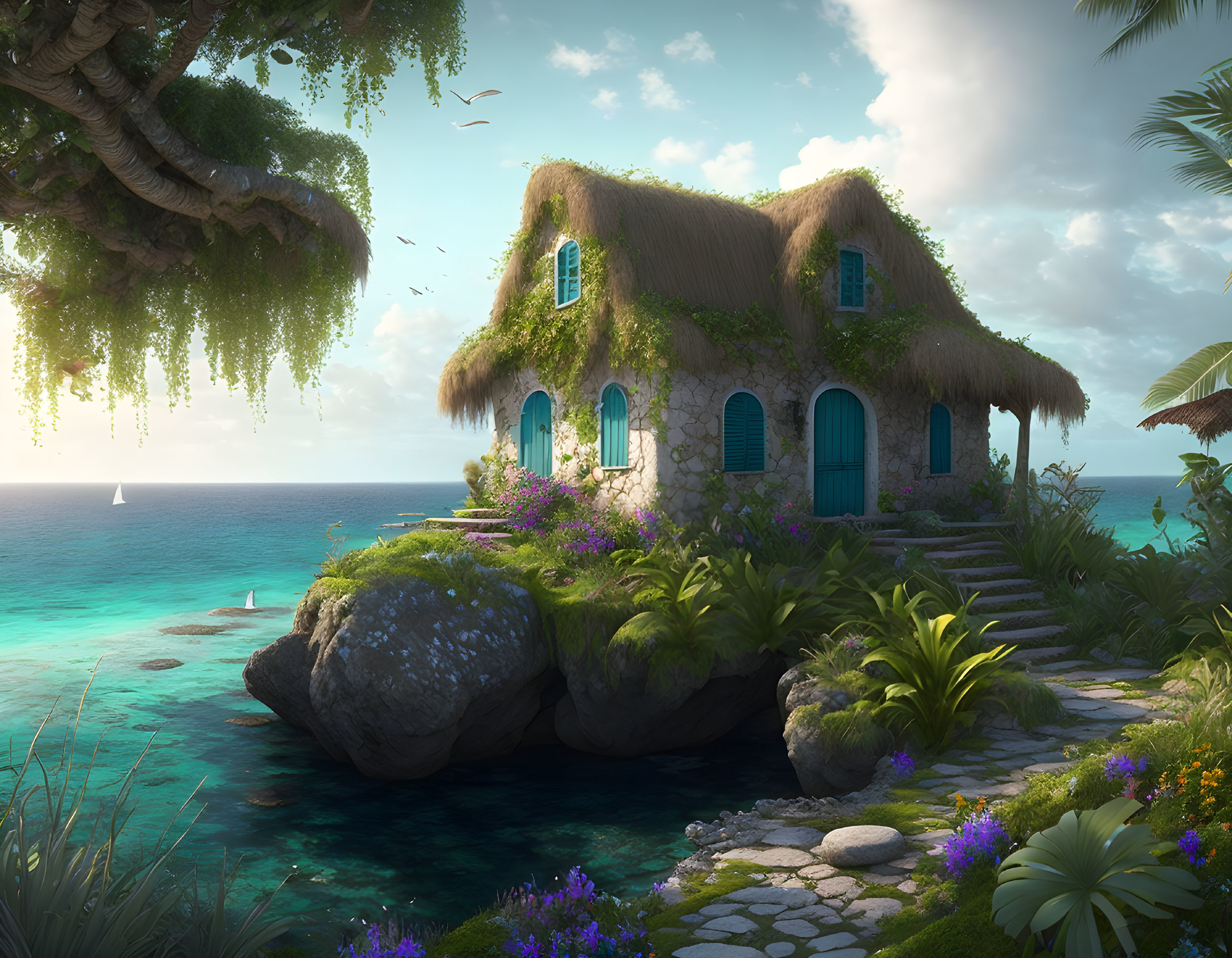 Thatched-Roof Cottage on Rock Overlooking Ocean