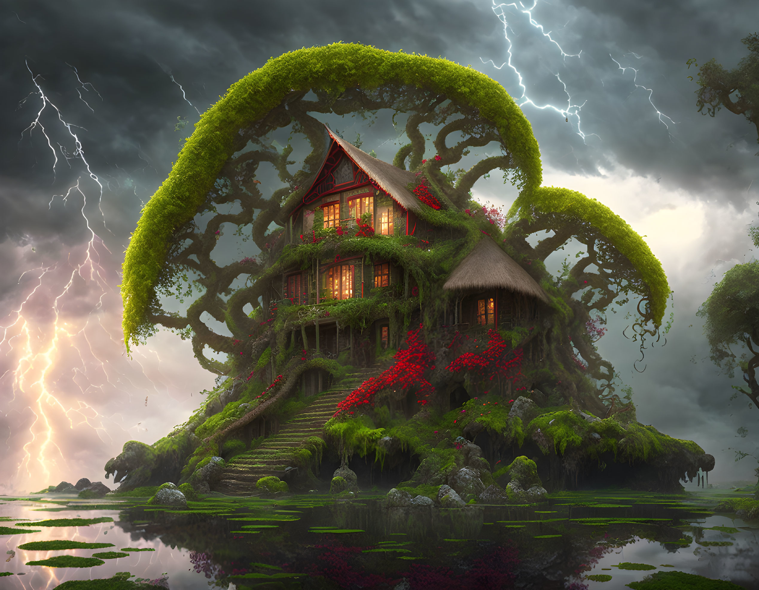 Fantastical treehouse with illuminated windows in stormy sky