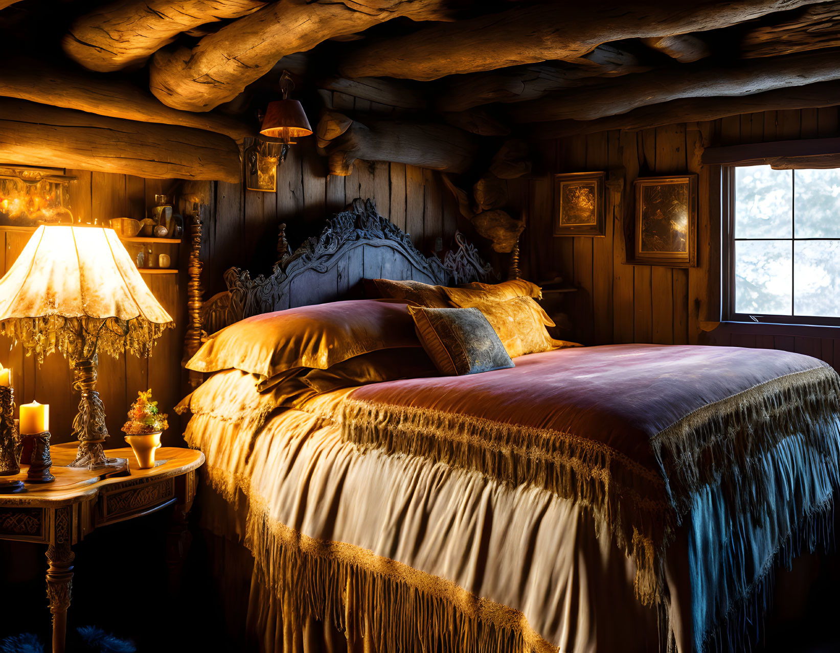 Warmly lit rustic bedroom with wooden log wall, plush bed, luxurious bedding, and antique-style lamps