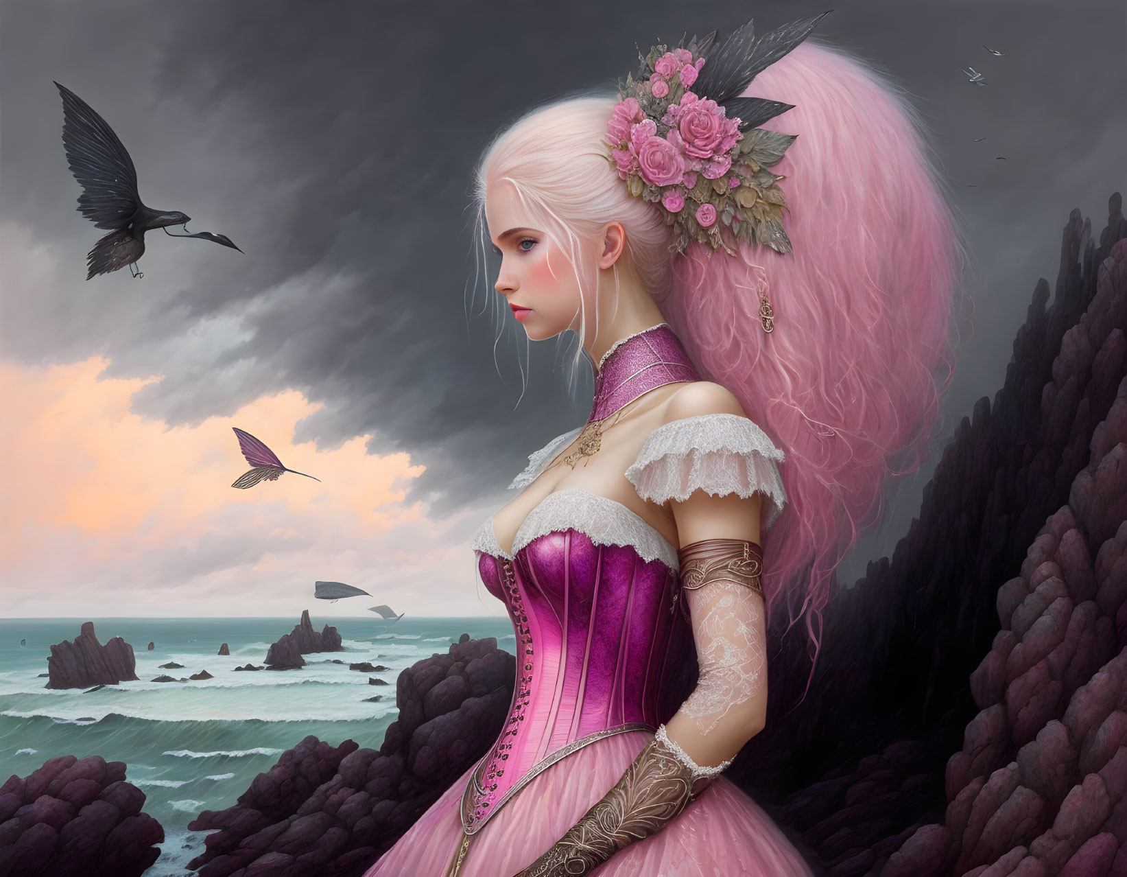 Pink-haired woman with flowers overlooking stormy seascape and soaring birds.