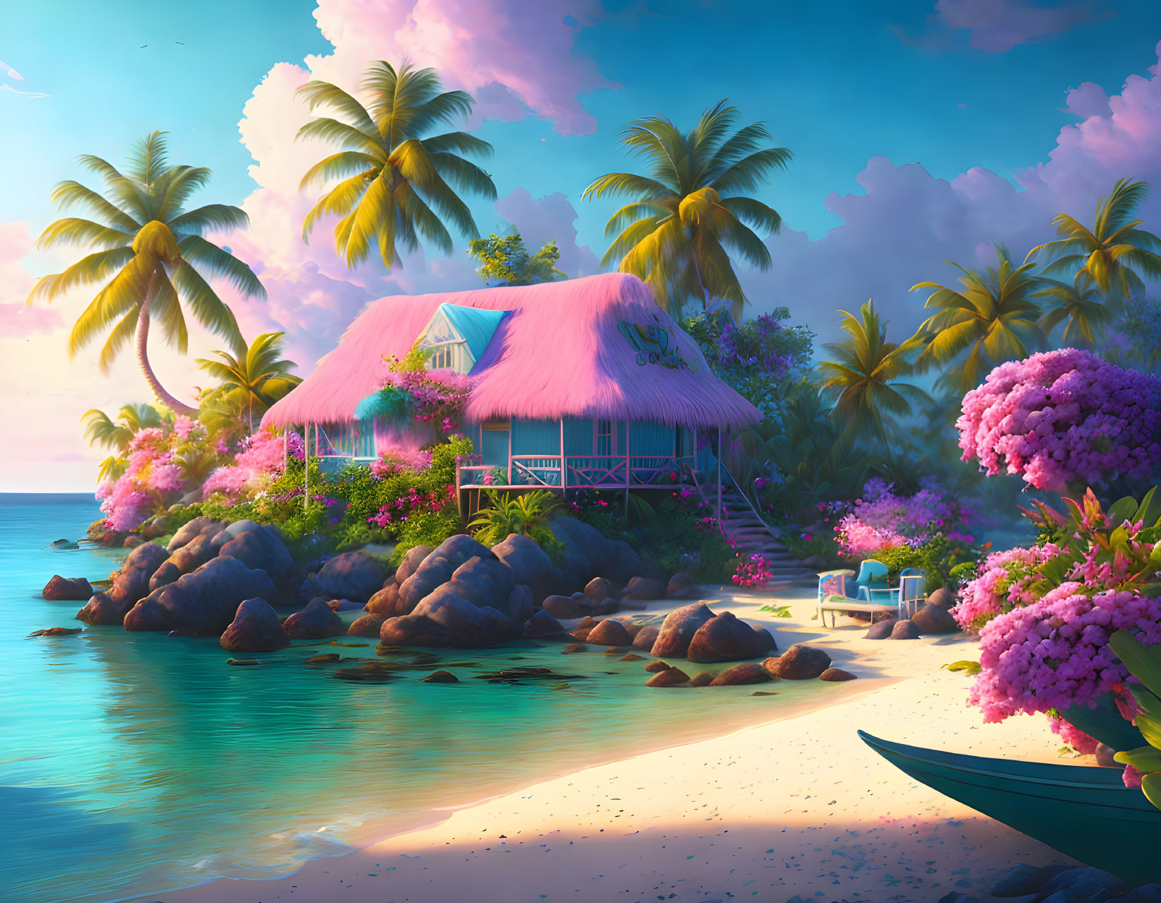 Tropical beach scene with thatch-roofed house, pink flowers, palm trees, rocks,