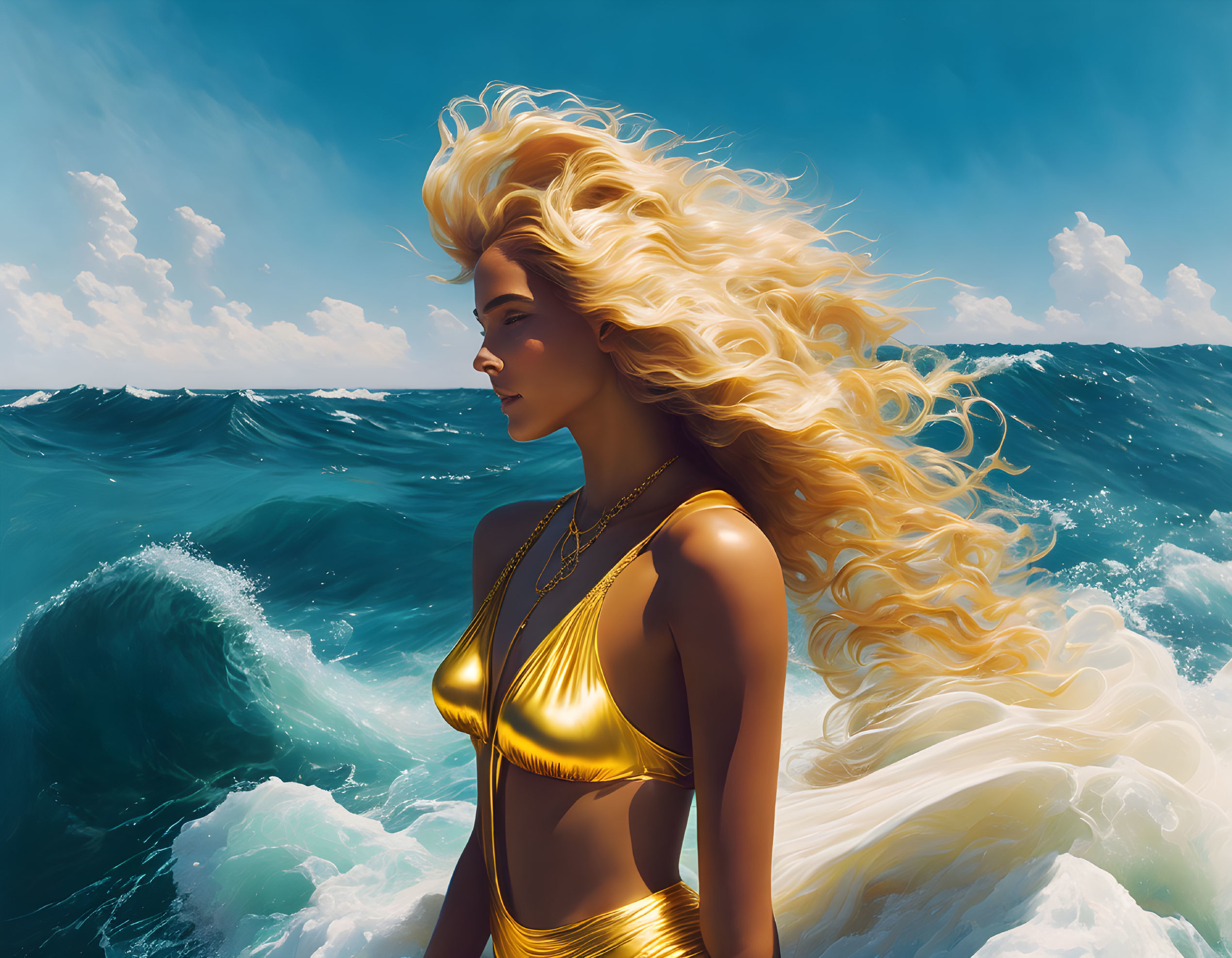 Illustration of woman with golden hair in swimsuit by ocean