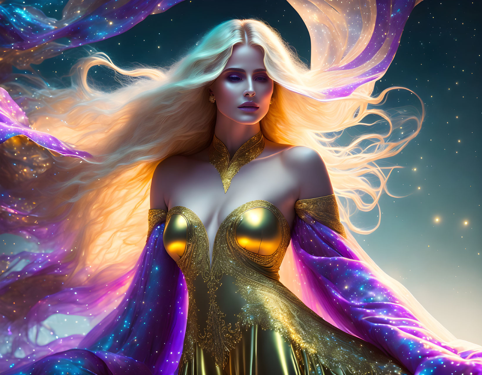 Fantasy illustration of woman with blonde hair in cosmic gown