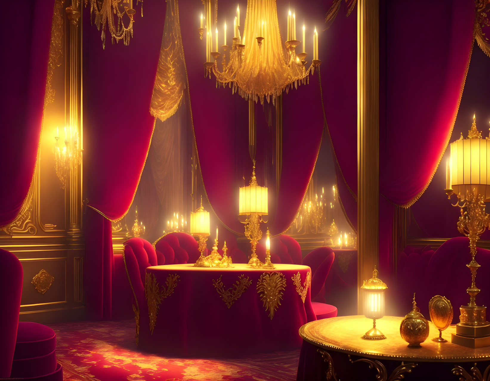 Luxurious Room with Red Velvet Drapery and Golden Chandeliers