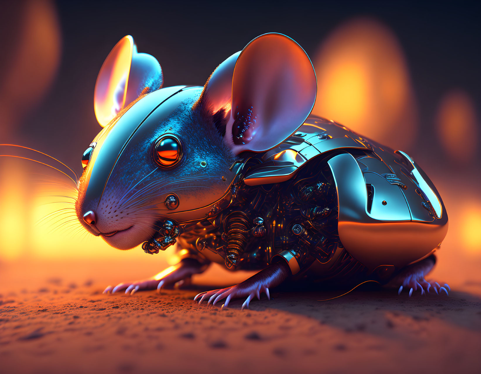 Detailed 3D Illustration of Cybernetic Mouse with Metallic Body and Glowing Orange Eyes