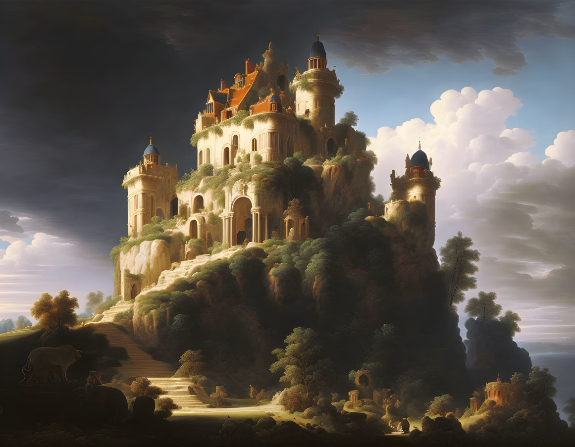 Fantastical castle with multiple towers on cliff with lone cow grazing