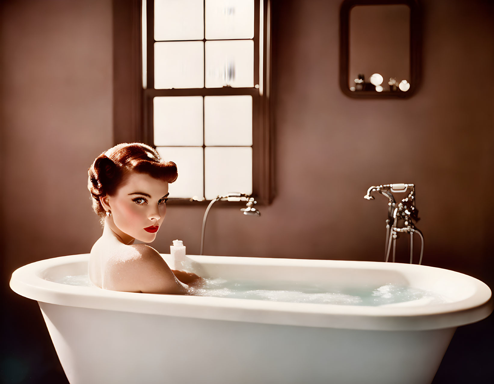 Vintage-style photo of woman in bathtub with elegant makeup and hairstyle