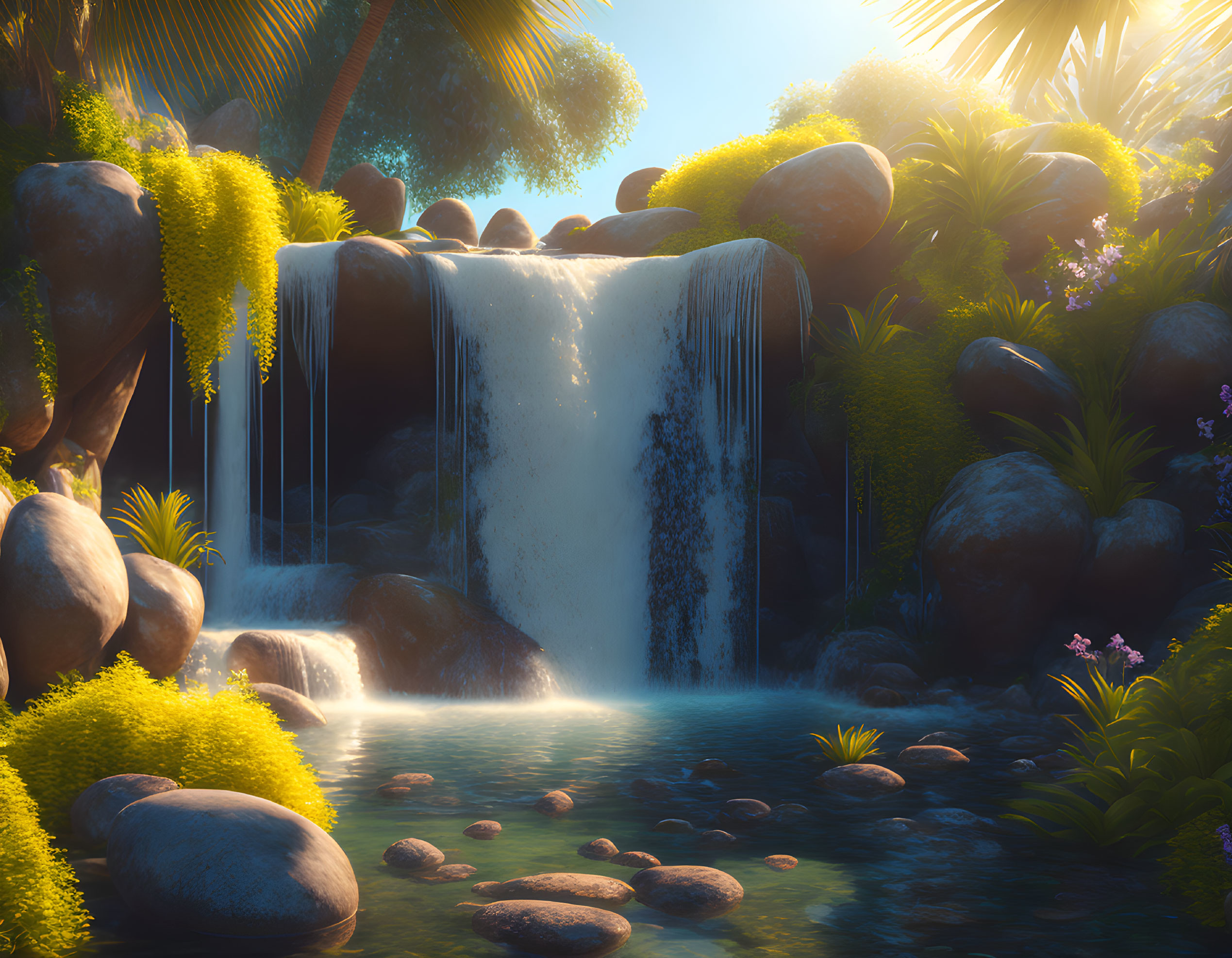 Tranquil waterfall in lush greenery with sunlight filtering through trees.