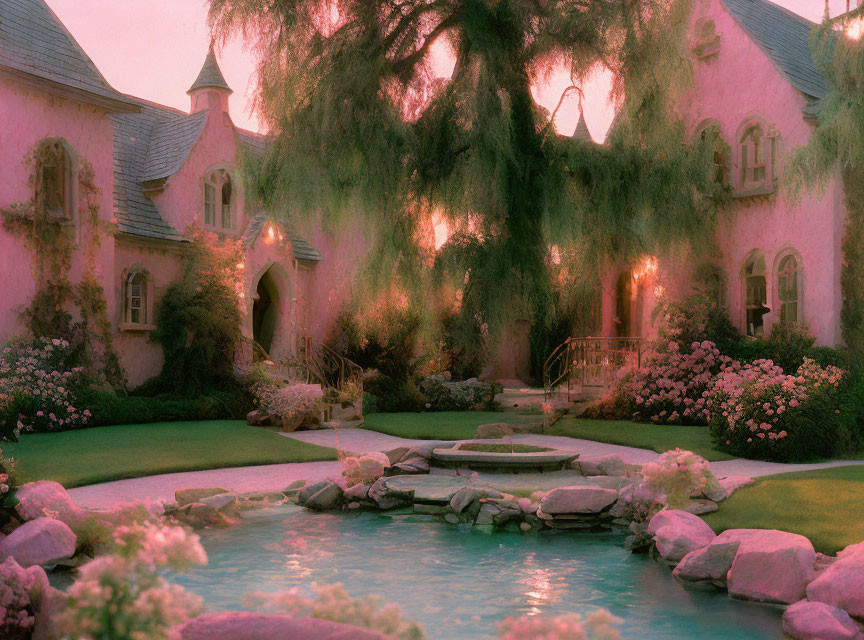 Serene garden with pond and fountain at twilight by elegant pink estate