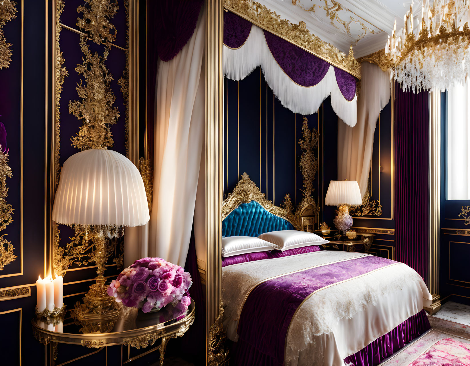 Luxurious Bedroom with Gold Details and Plush Purple Bedding